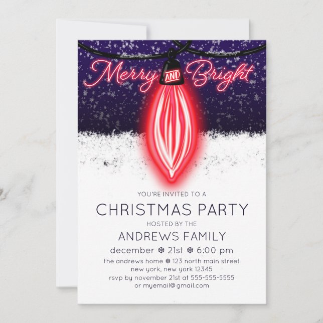 Invitation Joyeux et brillant néon Lightbulbe Noël (Devant)