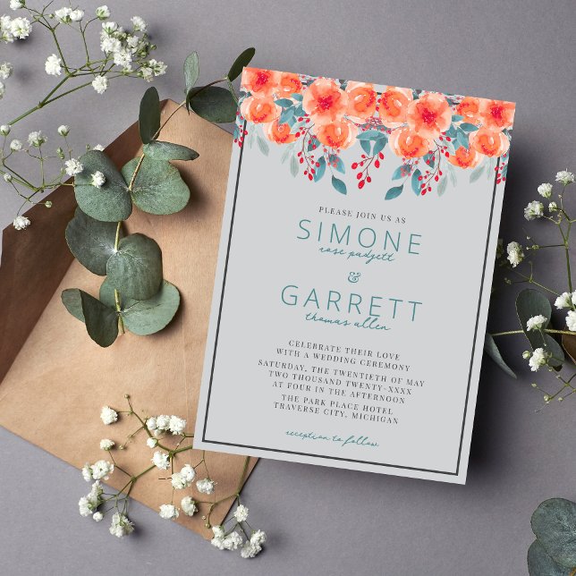 Invitation Joyeux Floral Orange et Mariage Turquoise (Créateur téléchargé)