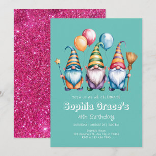 Invitation Joyeux gnomes avec ballons et baguette magique