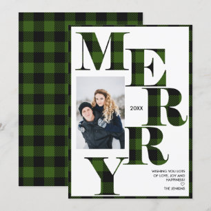 Invitation Joyeux Green Buffalo Plaid Vertical Photo Holida