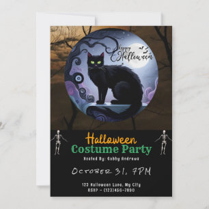 Invitation Joyeux Halloween Chat noir Lune Halloween noir