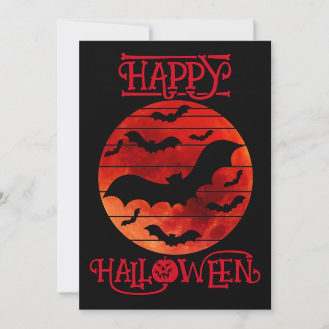 Invitation Joyeux Halloween Chauves-Souris Noires Lune Orange (Devant)