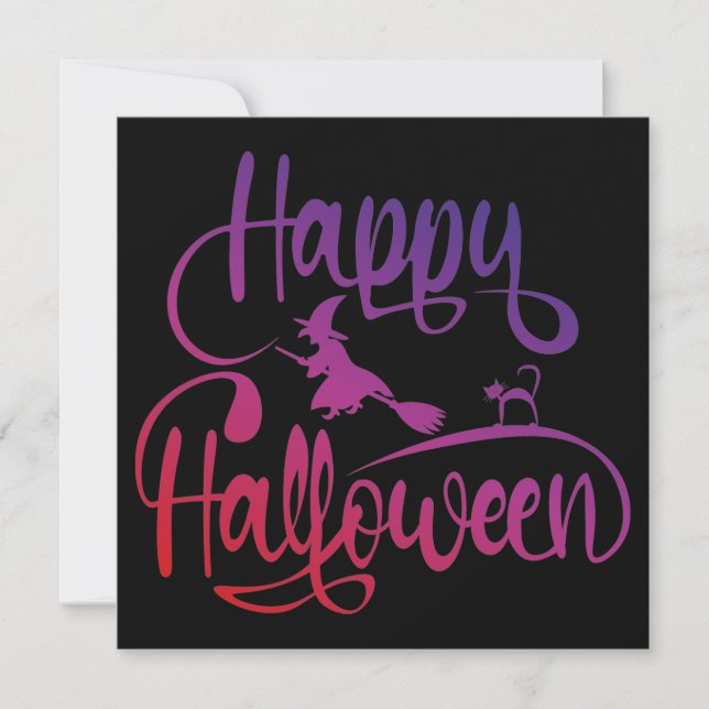 Invitation Joyeux Halloween dégradé sorcière volante chat  (Devant)
