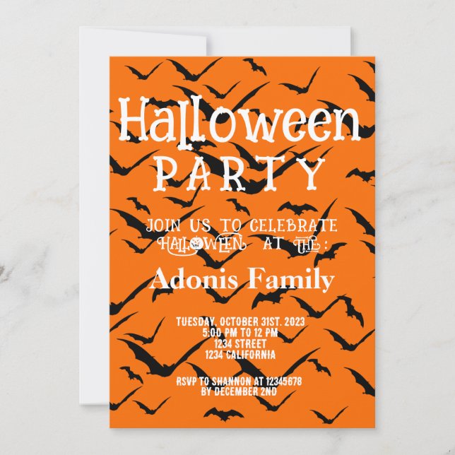 Invitation Joyeux Halloween moderne Black Bat Oranges (Devant)