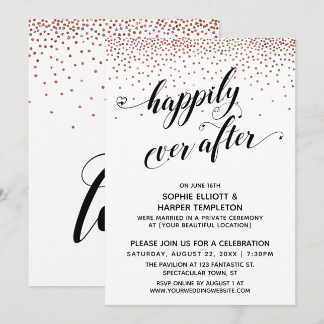 Invitation Joyeux Jamais Coeur Script Cuivre Confetti (Devant / Derrière)