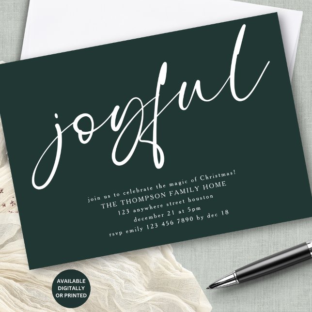 Invitation Joyeux Joyeux Script Contemporain Joyeux Noël Part (Available digitally or prnted. Plain on the back in matching green or any color of your choice!)
