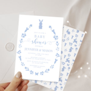 Invitation Joyeux lapin de Pâques bleu floral bébé garçon sho