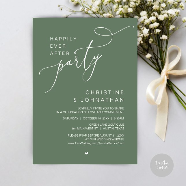 Invitation Joyeux mariage, dîner de fête, danser à tout jamai (Happily Ever After Wedding Party Romantic Dinner Dancing Invitation Card, PDF, in Forest Sage Green)