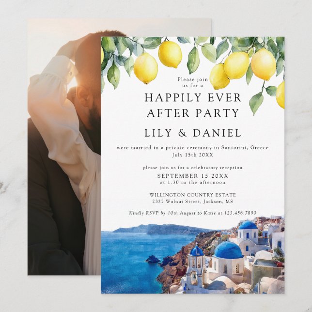 Invitation Joyeux mariage photo citrons Santorin (Devant / Derrière)