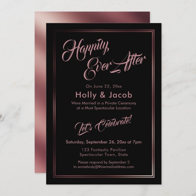 Invitation Joyeux Mariage Rose Gold sur Réception Noir (Devant / Derrière)