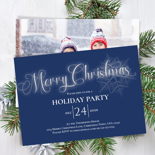 Invitation Joyeux Noël à la fête de Noël bleu marine (Merry Christmas holiday invitation with photo on the backside. )