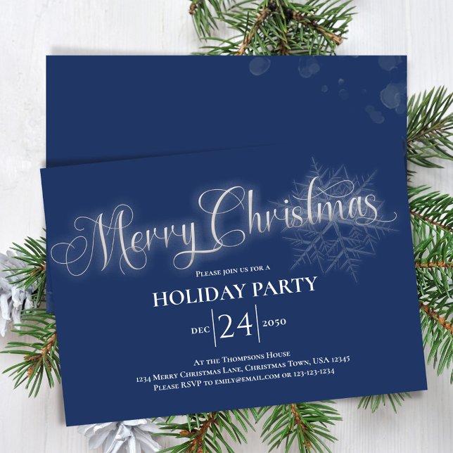 Invitation Joyeux Noël à la fête de Noël bleu marine (Merry Christmas party invitation with navy blue background. )