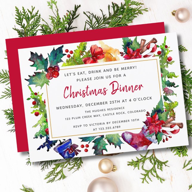 Invitation Joyeux Noël Aquarelle moderne Dîner de Noël (Créateur téléchargé)