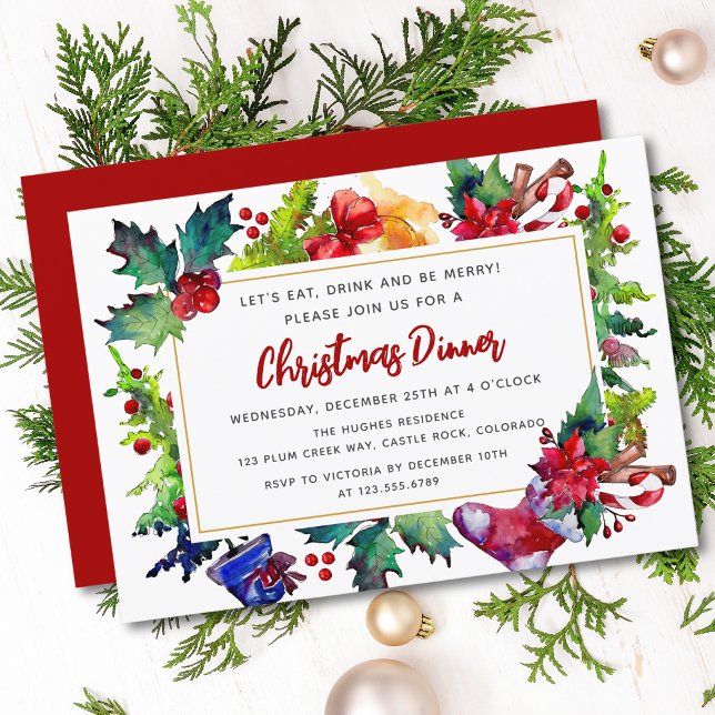 Invitation Joyeux Noël Aquarelle moderne Dîner de Noël (Créateur téléchargé)