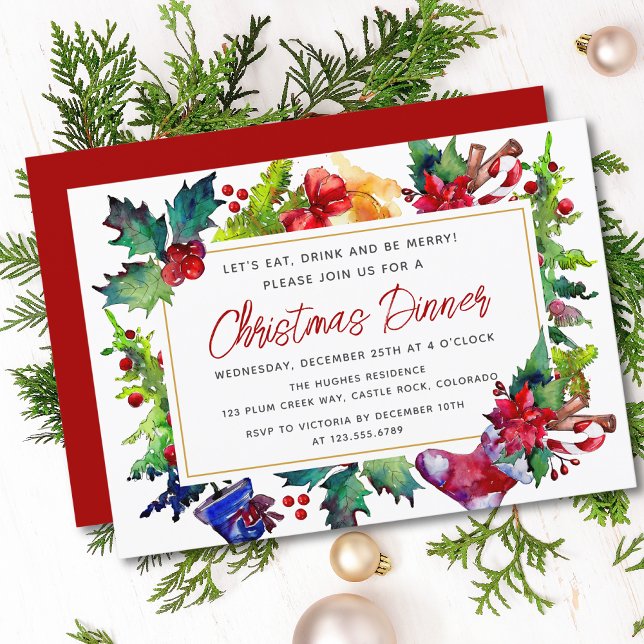 Invitation Joyeux Noël Aquarelle moderne Dîner de Noël (Créateur téléchargé)