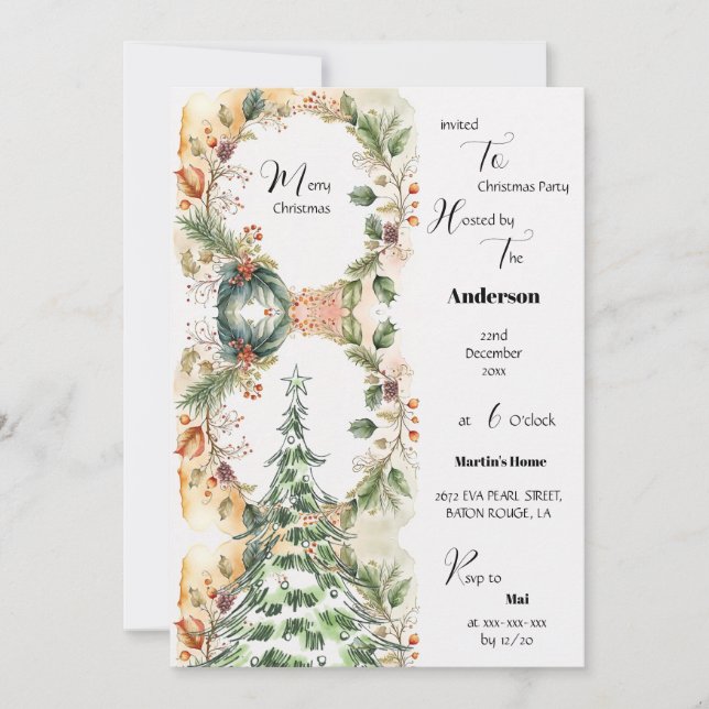 Invitation Joyeux Noël Arbre Classique Fête Florale (Devant)