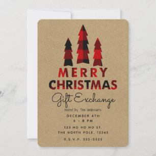 Invitation Joyeux Noël Arbres Plaid Kraft Échange Cadeaux