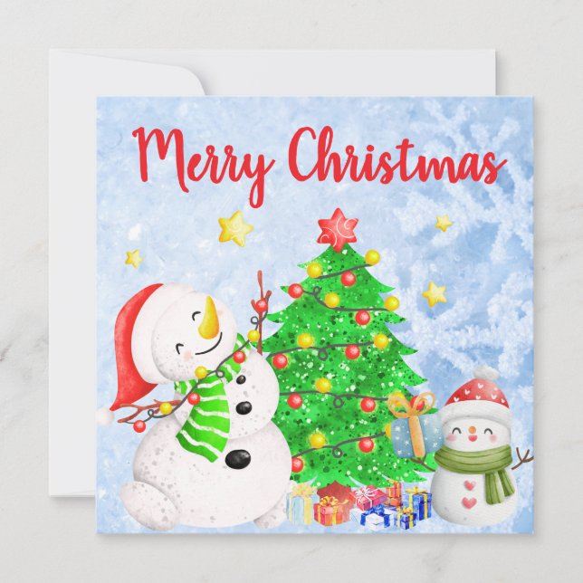 Invitation Joyeux Noël avec Snowman & Enfant avec Arbre (Devant)