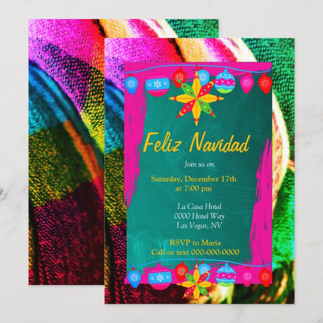 Invitation Joyeux Noël Fiesta Sur Rose & Vert Sarape (Devant / Derrière)