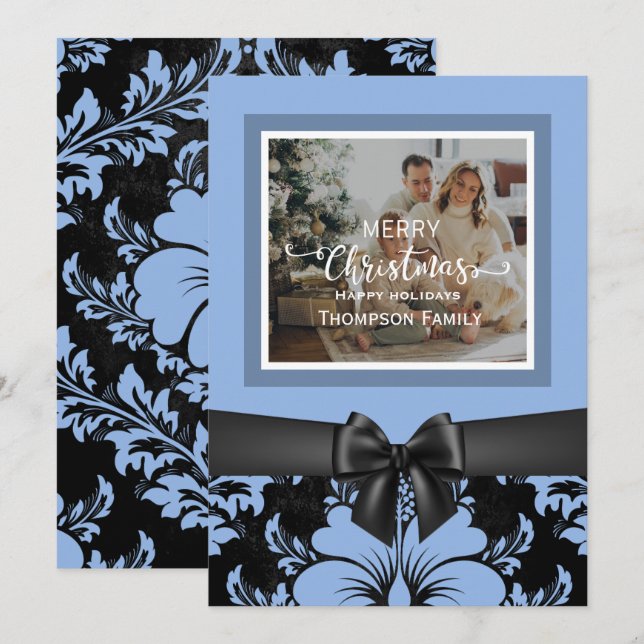 Invitation Joyeux Noël heureux vacances, arc noir, bleu (Devant / Derrière)