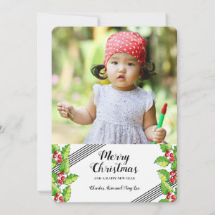 Invitation Joyeux Noël Holly Photo Holiday Card