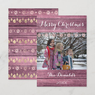 Invitation Joyeux Noël Neige rose Gris Bois Photo Cottage