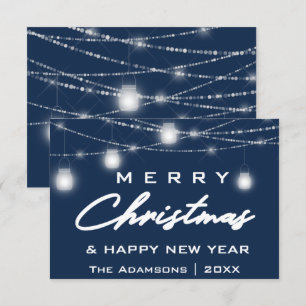 Invitation Joyeux Noël Nom Photo Lumières Bleu Marine