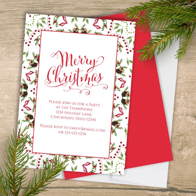 Invitation Joyeux Noël Rouge Vert Pinecone Motif Party (Merry Christmas holiday party invitation with whimsical calligraphy script. )