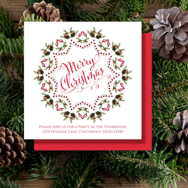 Invitation Joyeux Noël Rouge Vert Pinecone Motif Party (Merry Christmas holiday party invitation with whimsical calligraphy script. )