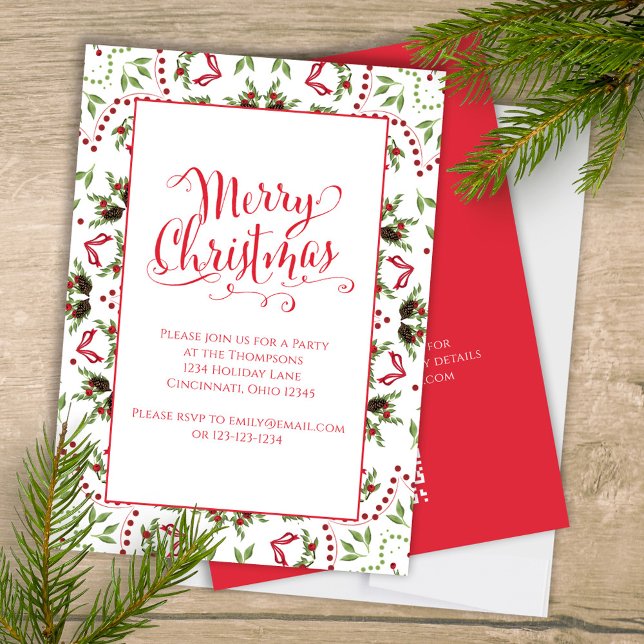 Invitation Joyeux Noël Rouge Vert Pinecone Parti QR Code (Merry Christmas holiday party invitation with whimsical calligraphy script. )