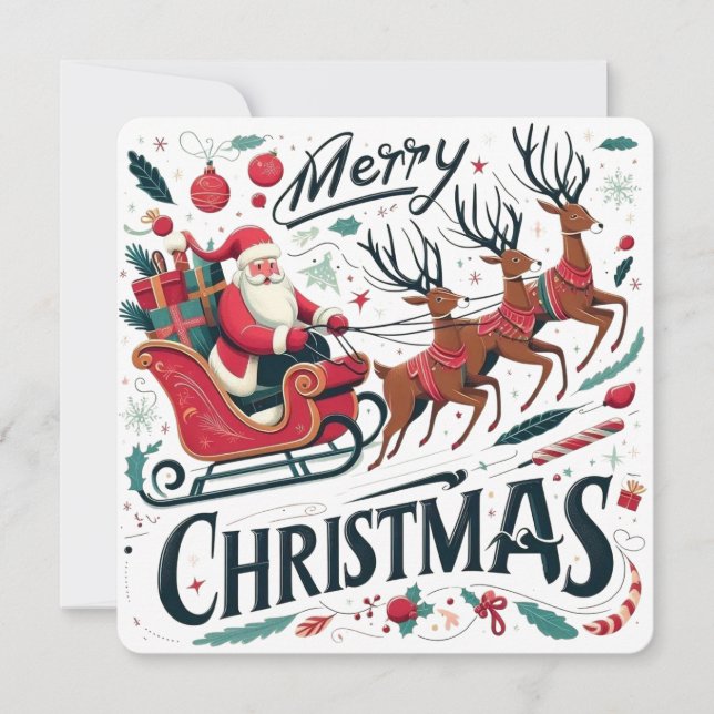 Invitation Joyeux Noël Traîneau du Père Noël & Renne Festif (Devant)