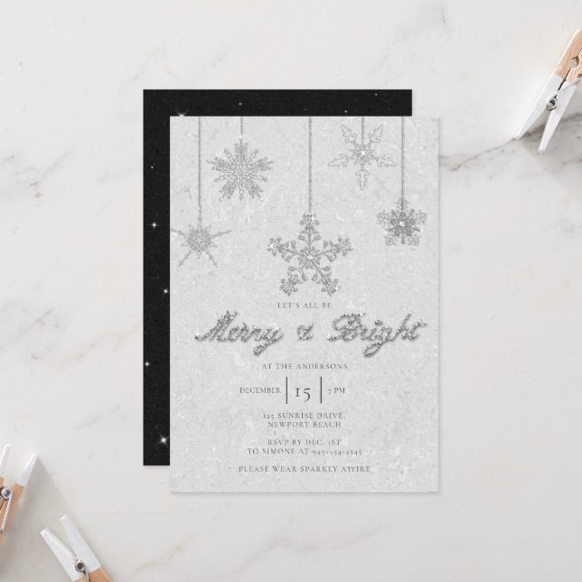 Invitation Joyeux noir noir brillant Rhinestone Chic Noël (Devant/Arrière en situation)