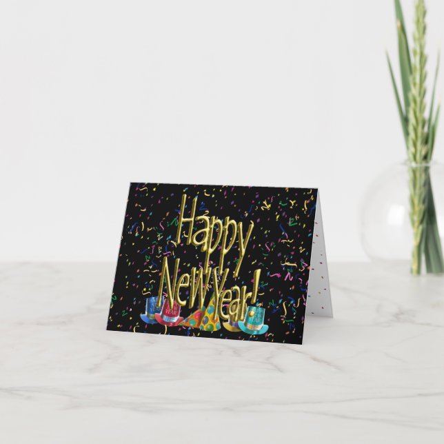 Invitation Joyeux Nouvel An - Texte Or sur Confetti Noir (Devant)