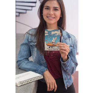 Invitation Joyeux pâques, lapin de pâques volant avec des oeu