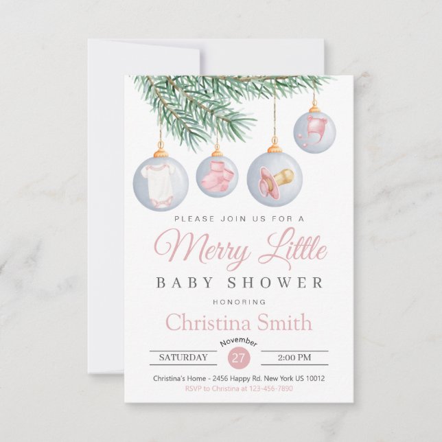 Invitation Joyeux petit Noël hiver bébé fille douche (Devant)