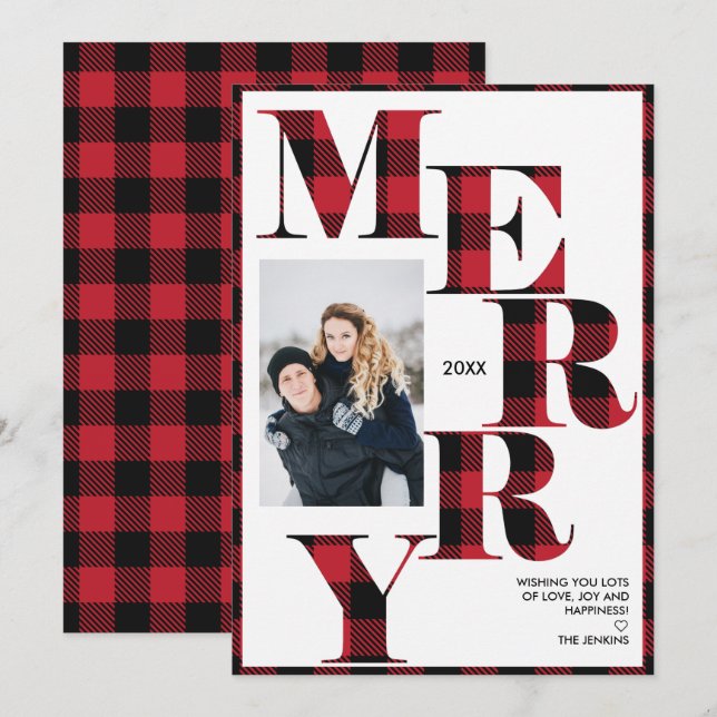 Invitation Joyeux | Red Buffalo Plaid Vertical Photo Holiday (Devant / Derrière)