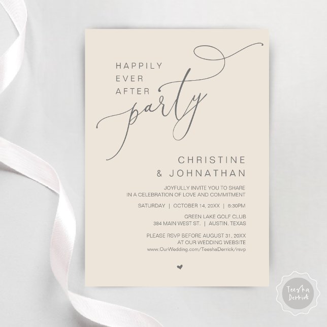 Invitation Joyeux repas de fête de mariage et danses pour tou (Happily Ever After Wedding Party Romantic Dinner Dancing Invitation Card, PDF, in Dark Grey Cream)