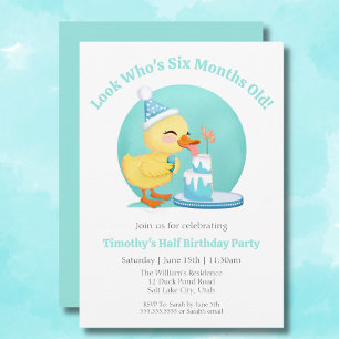 Invitation Joyeux semi-anniversaire bébé canard avec gâteau d