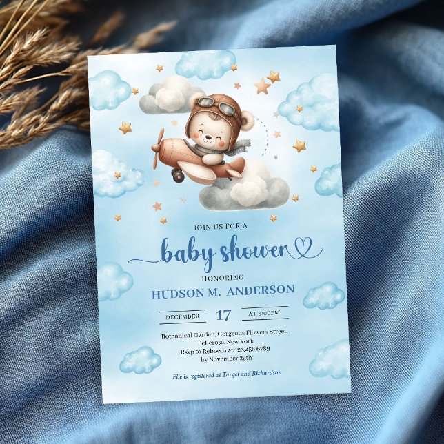 Invitation Joyful airplane teddy bear blue baby shower invite (Joyful airplane teddy bear blue baby shower invite)