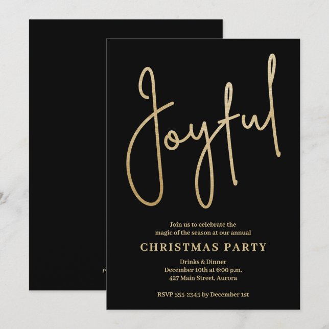 Invitation JOYFUL Gold Faux Foil on Black Christmas Party (Devant / Derrière)