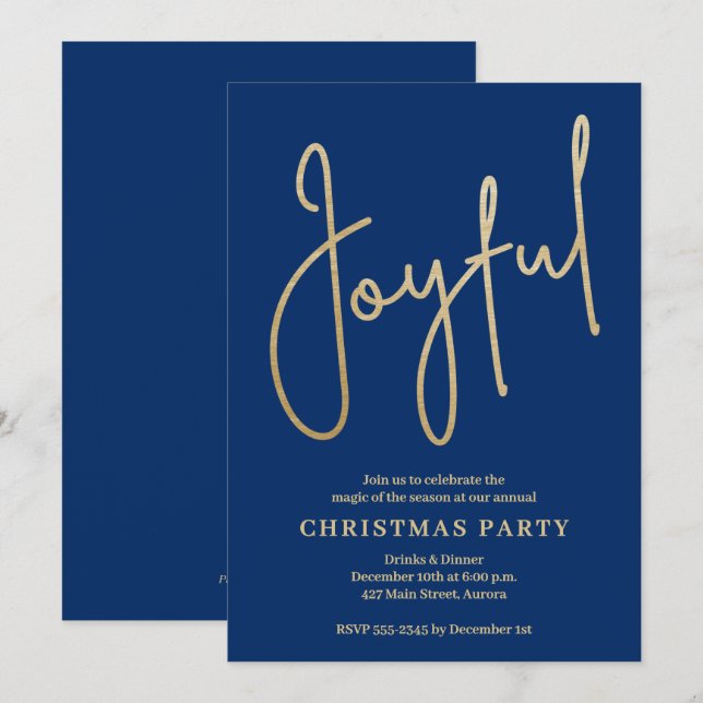 Invitation JOYFUL Gold Faux Foil on Blue Christmas Party (Devant / Derrière)