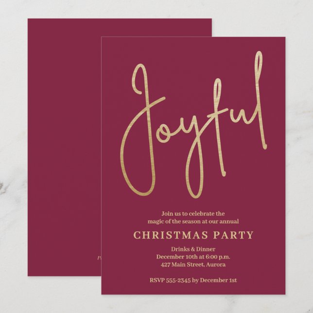 Invitation JOYFUL Gold Faux Foil on Cranberry Christmas Party (Devant / Derrière)