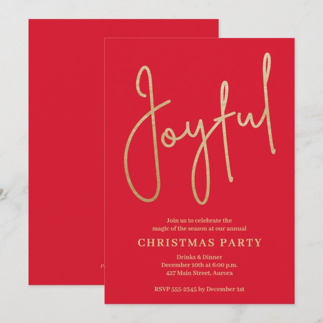 Invitation JOYFUL Gold Faux Foil on Red Christmas Party (Devant / Derrière)