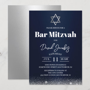 Invitation Juif Bar Mitzvah Star de David Modern Navy bleu