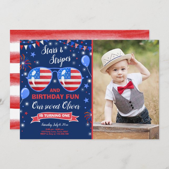 Invitation Juillet 4 Étoiles et rayures Firecracker Anniversa (Devant / Derrière)