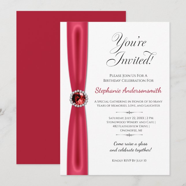 Invitation July Birthday Celebration - Red Ruby | (Devant / Derrière)