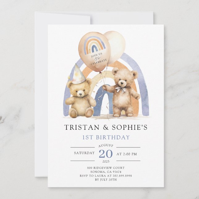 Invitation Jumeaux 1er anniversaire Aquarelle Nounours (Devant)