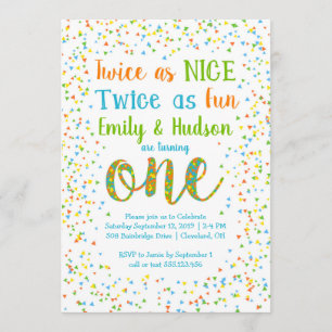 Invitation Jumeaux anniversaire confettis deux fois plus gent