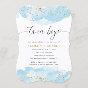 Invitation Jumeaux aquarelle bébé bleu or parties scintillant