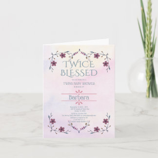 Invitation Jumeaux attendus : Boho floral & lavande aquarelle